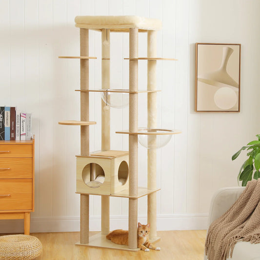 🐱 Multi-Level Wooden Cat Tree with Scratching Posts, Spacious Condo, Hammock & Top Perch
