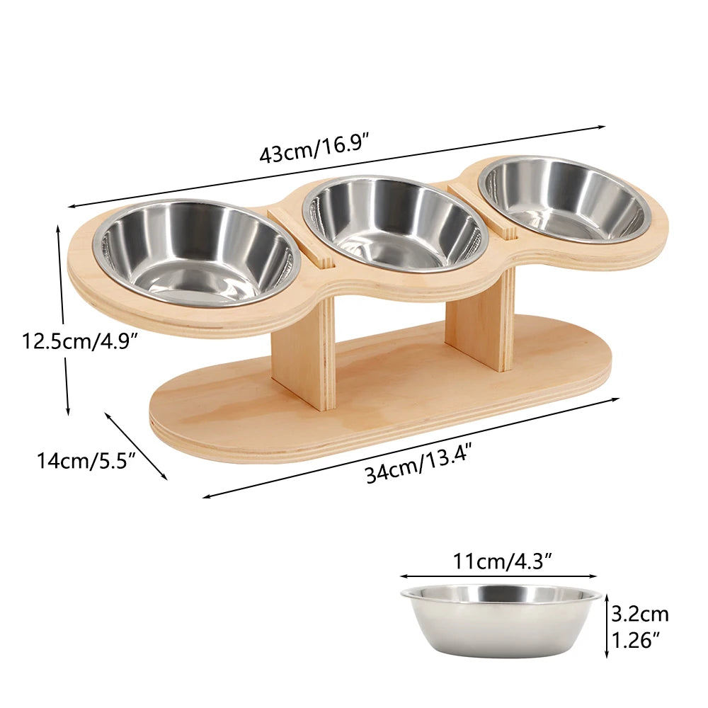 🐾 15° Raised Cat Feeder with 3 Stainless Steel Bowls & Wood Stand