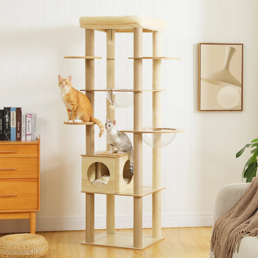 🐱 Multi-Level Wooden Cat Tree with Scratching Posts, Spacious Condo, Hammock & Top Perch