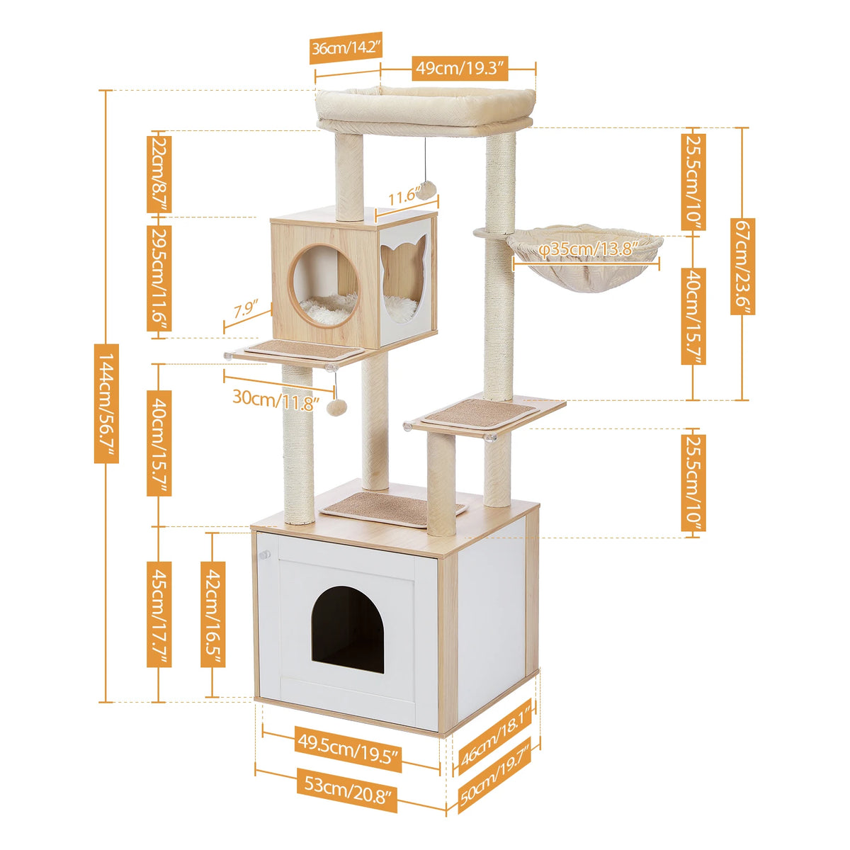 🐱 Multi-Level Wooden Cat Tree with Scratching Posts, Spacious Condo, Hammock & Top Perch