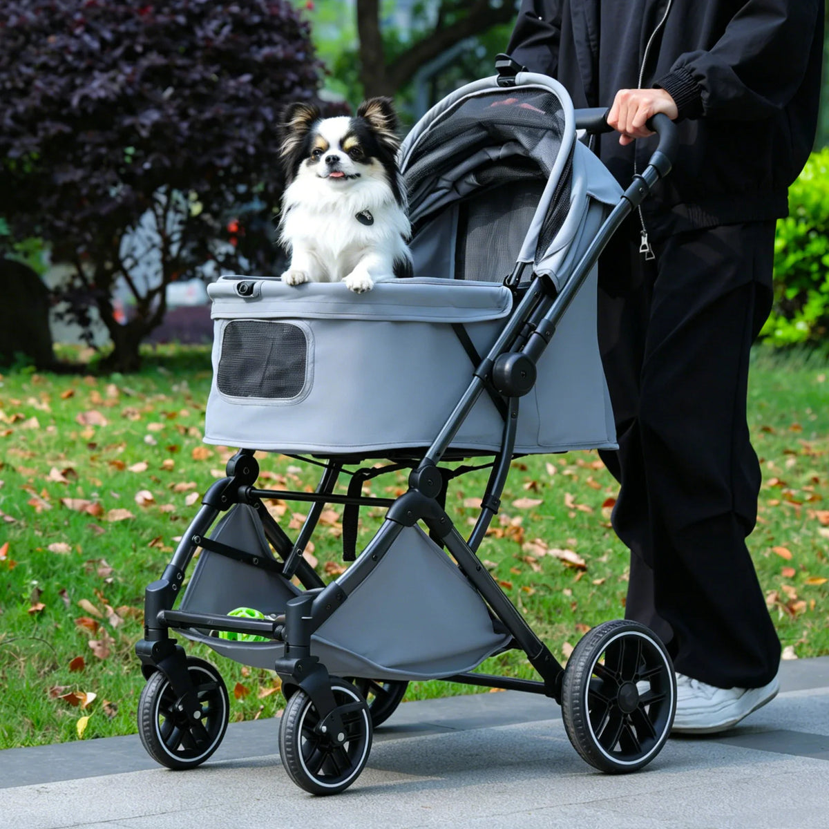 🐾 Foldable Pet Stroller for Small & Medium Dogs and Cats – Reversible Handle, Storage Basket & Safety Tether
