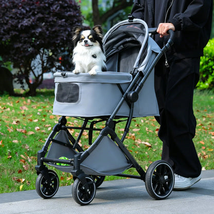 🐾 Foldable Pet Stroller for Small & Medium Dogs and Cats – Reversible Handle, Storage Basket & Safety Tether