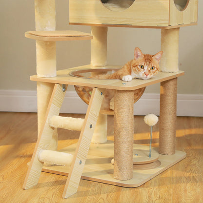 🐱 Multi-Level Wooden Cat Tree with Scratching Posts, Spacious Condo, Hammock & Top Perch