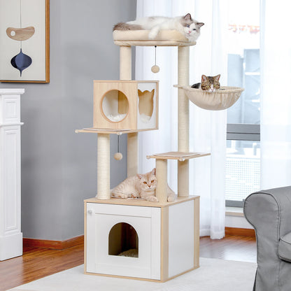 🐱 Multi-Level Wooden Cat Tree with Scratching Posts, Spacious Condo, Hammock & Top Perch