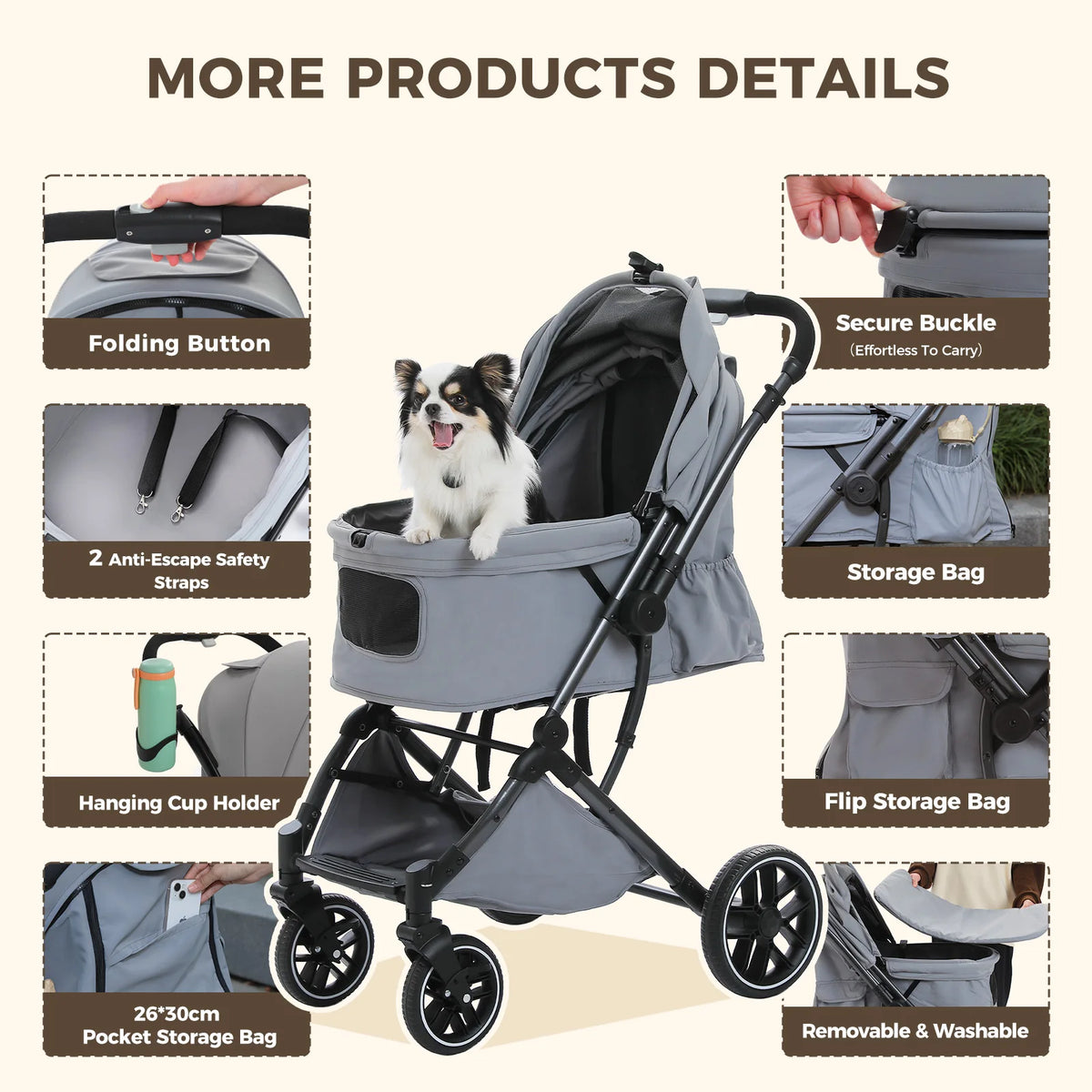🐾 Foldable Pet Stroller for Small & Medium Dogs and Cats – Reversible Handle, Storage Basket & Safety Tether