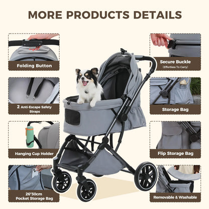 🐾 Foldable Pet Stroller for Small & Medium Dogs and Cats – Reversible Handle, Storage Basket & Safety Tether