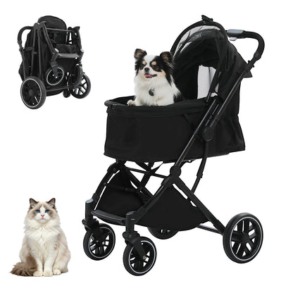 🐾 Foldable Pet Stroller for Small & Medium Dogs and Cats – Reversible Handle, Storage Basket & Safety Tether