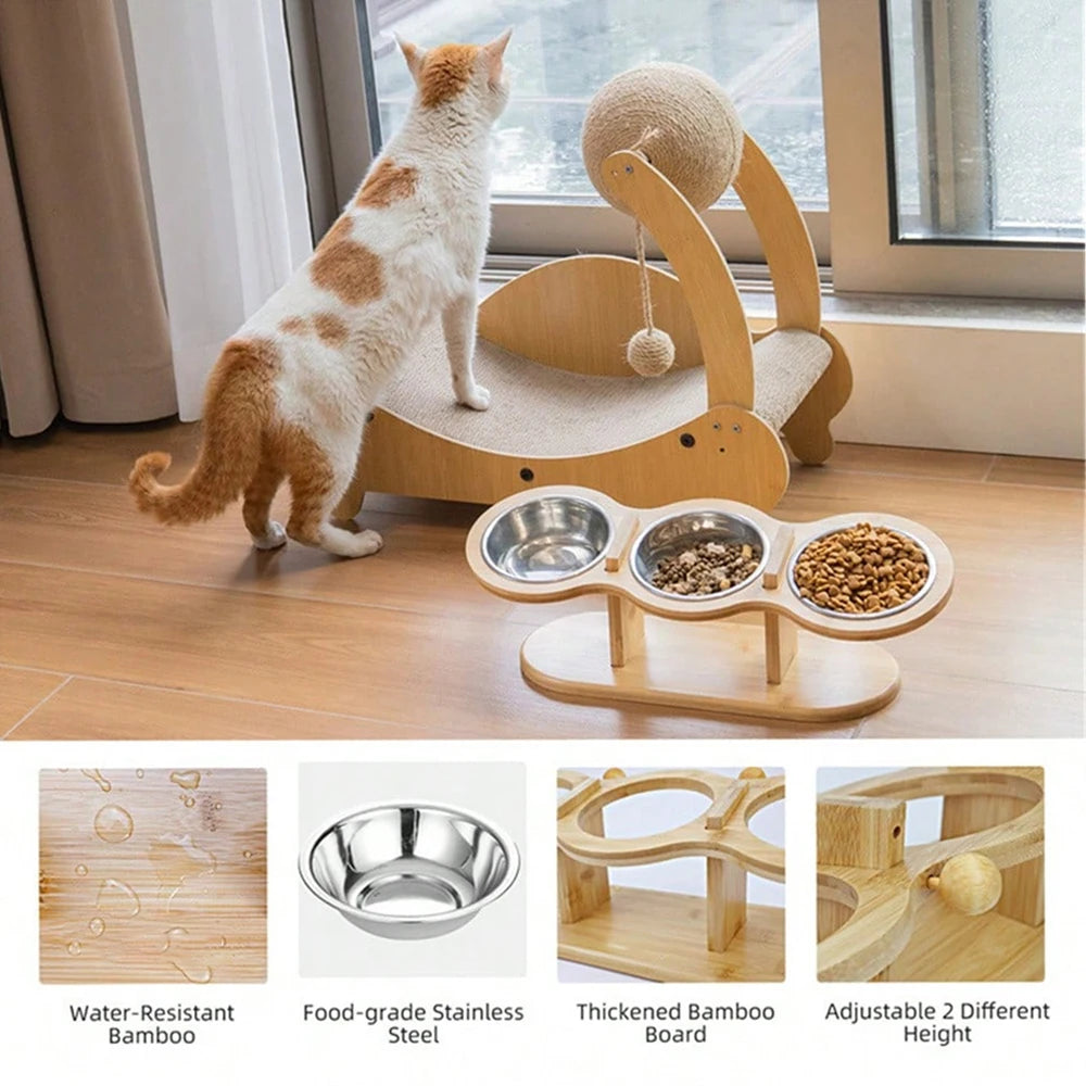 🐾 15° Raised Cat Feeder with 3 Stainless Steel Bowls & Wood Stand