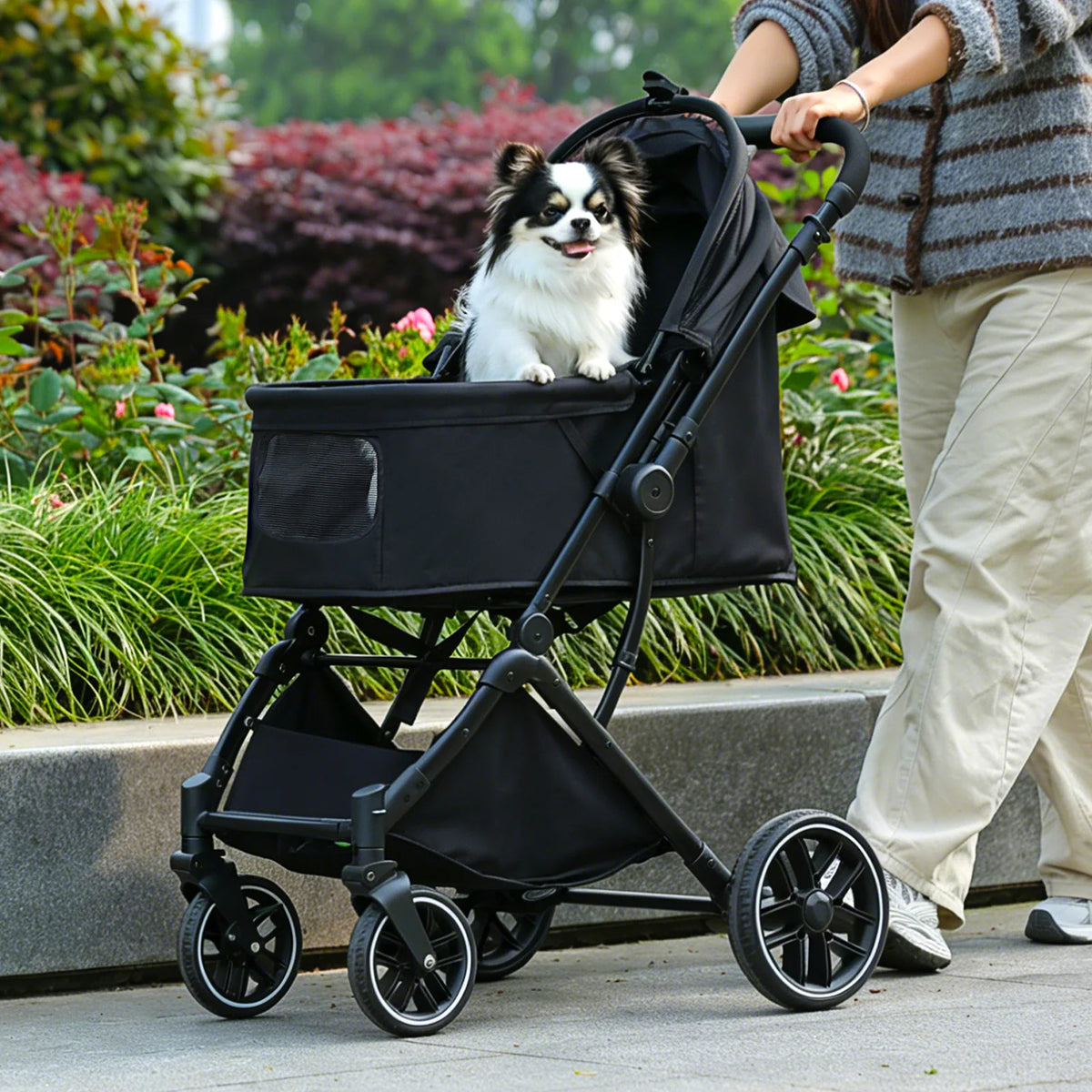 🐾 Foldable Pet Stroller for Small & Medium Dogs and Cats – Reversible Handle, Storage Basket & Safety Tether