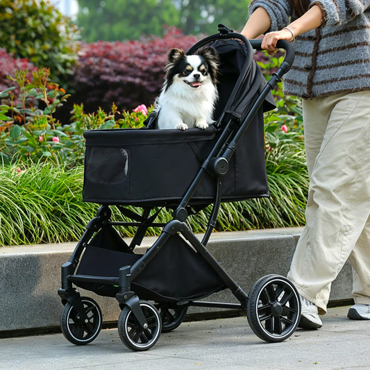 🐾 Foldable Pet Stroller for Small & Medium Dogs and Cats – Reversible Handle, Storage Basket & Safety Tether