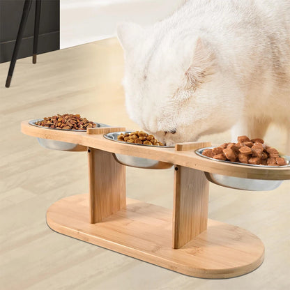 🐾 15° Raised Cat Feeder with 3 Stainless Steel Bowls & Wood Stand