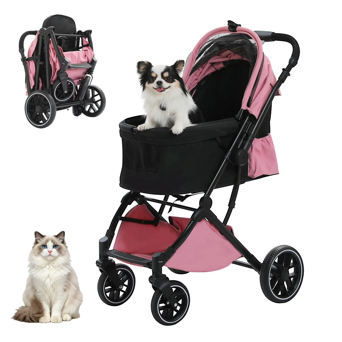 🐾 Foldable Pet Stroller for Small & Medium Dogs and Cats – Reversible Handle, Storage Basket & Safety Tether