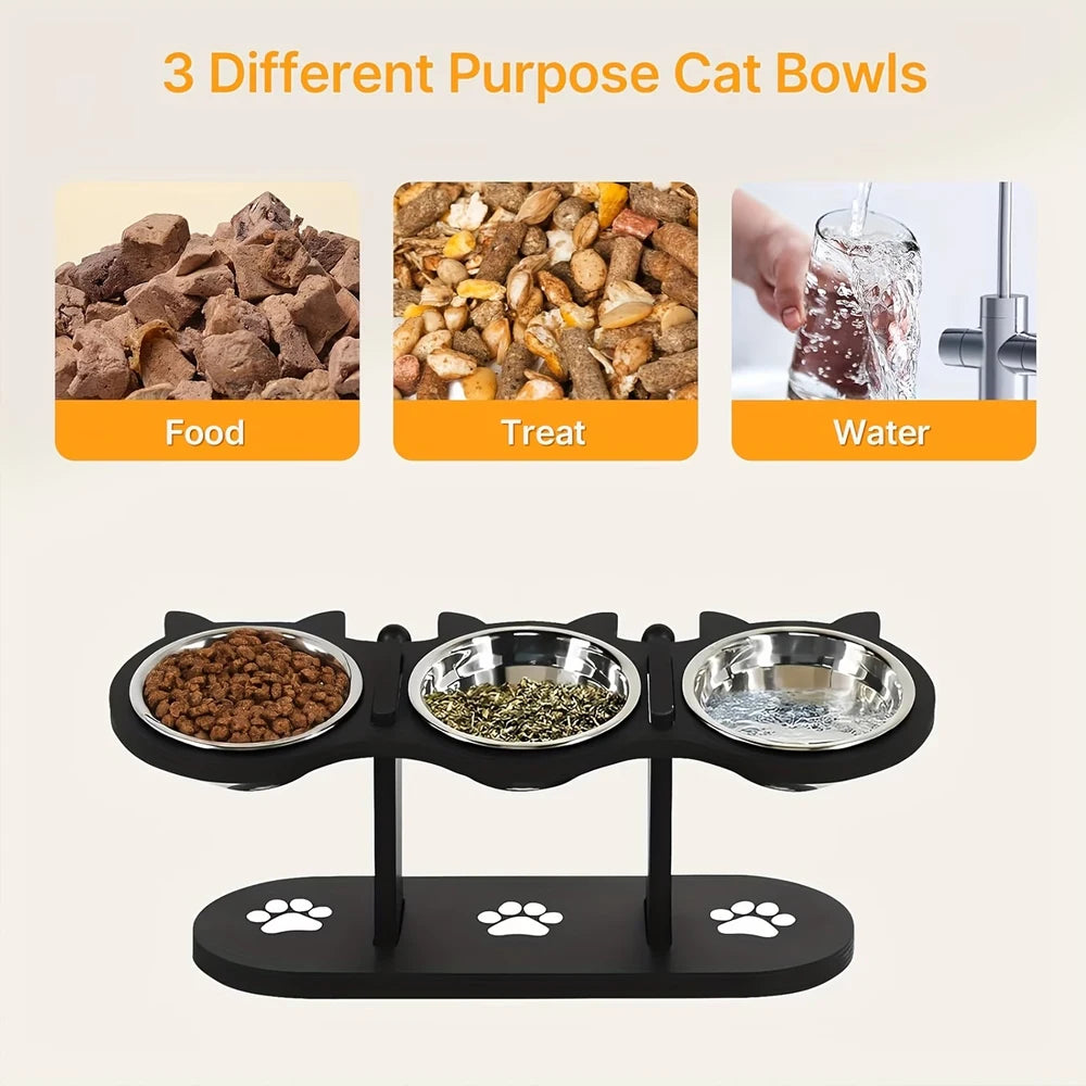 🐾 Elevated Black Cat Ear 3-Bowl Cat Feeder with Solid Wood Frame & Stainless Steel Bowls