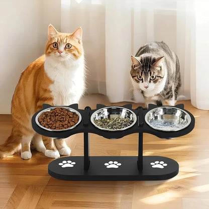 🐾 Elevated Black Cat Ear 3-Bowl Cat Feeder with Solid Wood Frame & Stainless Steel Bowls