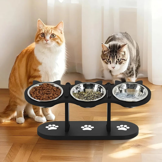 🐾 Elevated Black Cat Ear 3-Bowl Cat Feeder with Solid Wood Frame & Stainless Steel Bowls