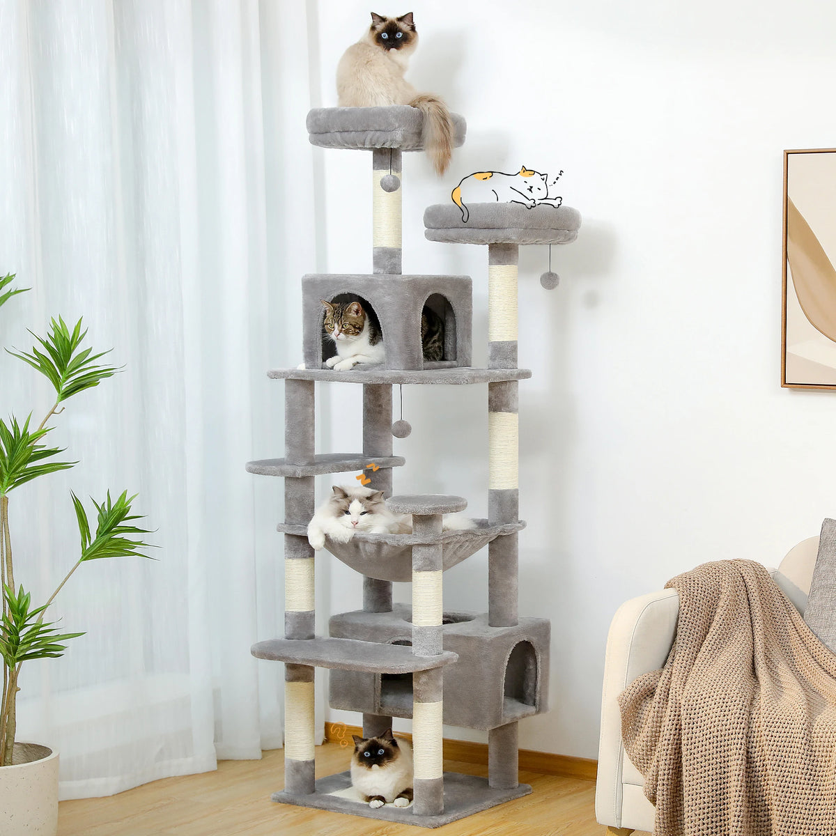 🐱 Large Multi-Level Cat Tree with Scratching Posts, Hammock, Perches & Condos