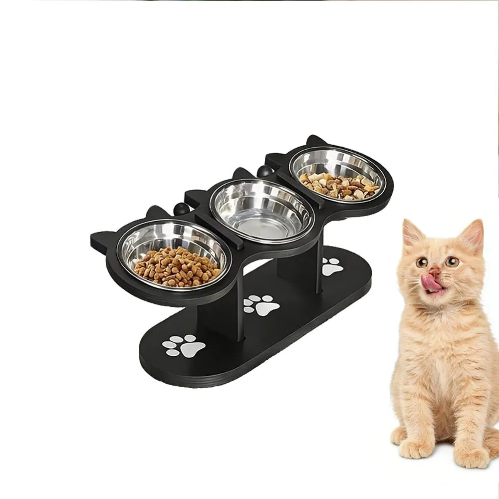 🐾 Elevated Black Cat Ear 3-Bowl Cat Feeder with Solid Wood Frame & Stainless Steel Bowls