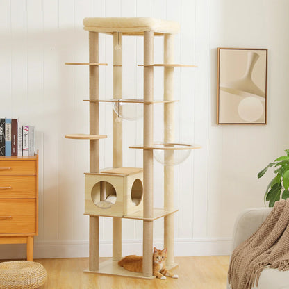 🐱 Multi-Level Wooden Cat Tree with Scratching Posts, Spacious Condo, Hammock & Top Perch