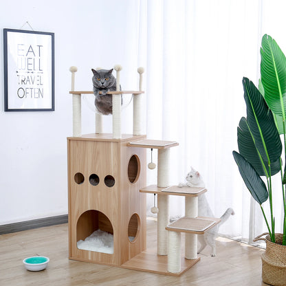 🐱 Multi-Level Wooden Cat Tree with Scratching Posts, Spacious Condo, Hammock & Top Perch