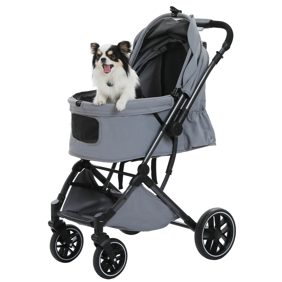 🐾 Foldable Pet Stroller for Small & Medium Dogs and Cats – Reversible Handle, Storage Basket & Safety Tether