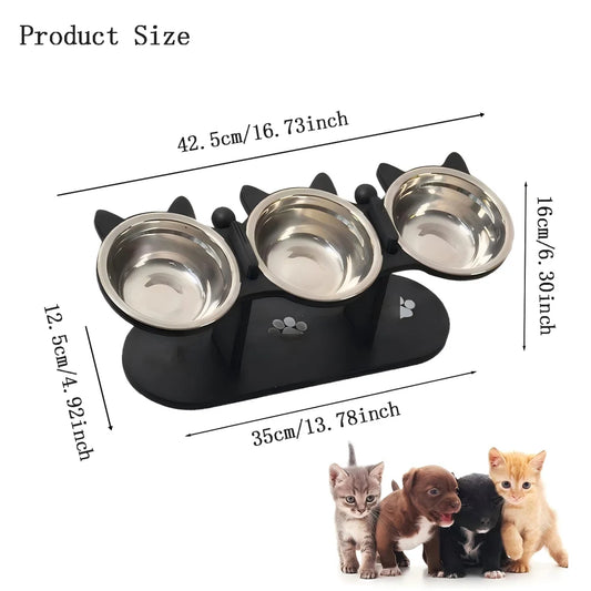 🐾 Elevated Black Cat Ear 3-Bowl Cat Feeder with Solid Wood Frame & Stainless Steel Bowls