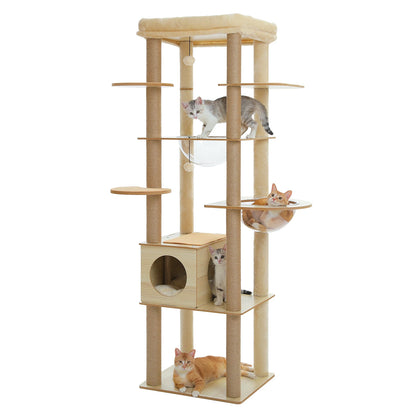 🐱 Multi-Level Wooden Cat Tree with Scratching Posts, Spacious Condo, Hammock & Top Perch