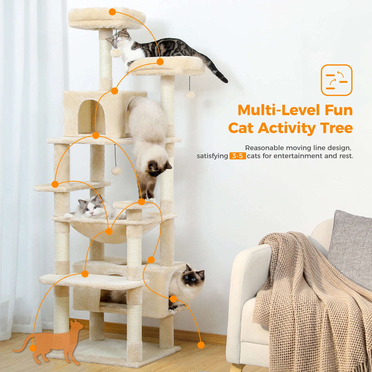 🐱 Large Multi-Level Cat Tree with Scratching Posts, Hammock, Perches & Condos
