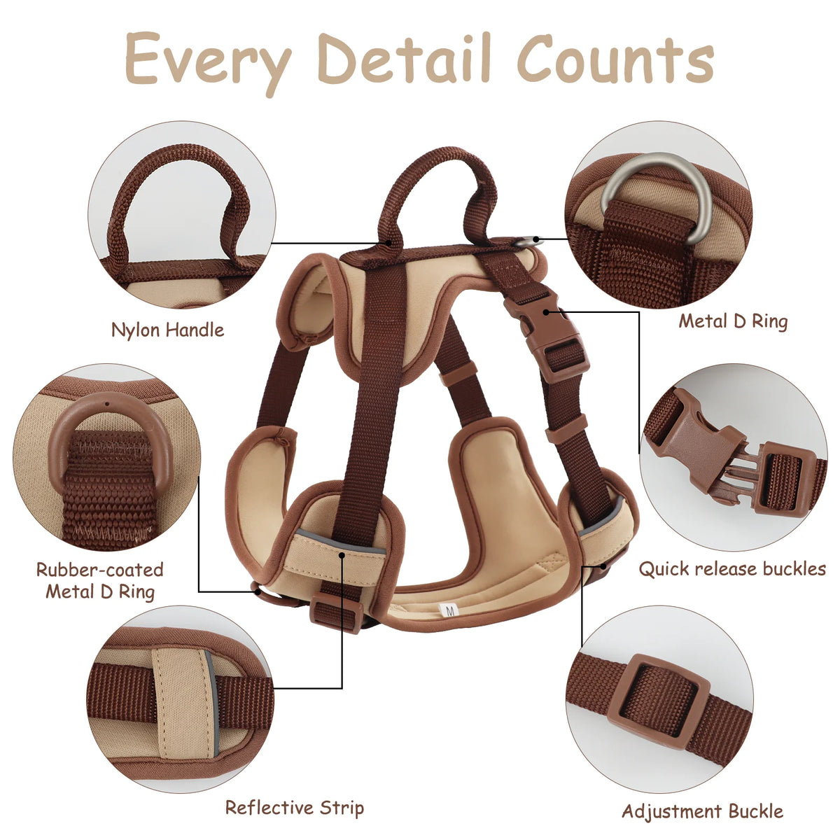 🐾 Luxury Chocolate No-Pull Adjustable Dog Harness for Small & Large Dogs