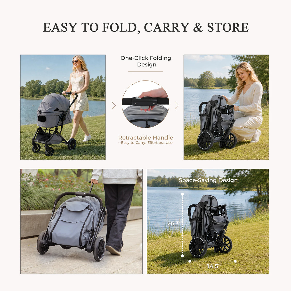 🐾 Foldable Pet Stroller for Small & Medium Dogs and Cats – Reversible Handle, Storage Basket & Safety Tether