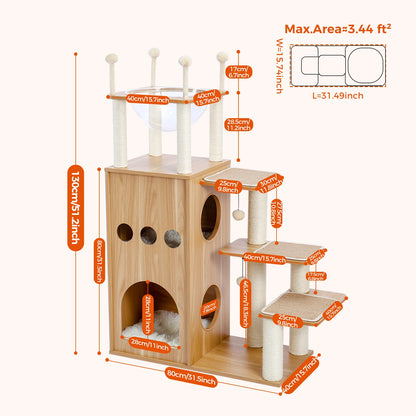 🐱 Multi-Level Wooden Cat Tree with Scratching Posts, Spacious Condo, Hammock & Top Perch