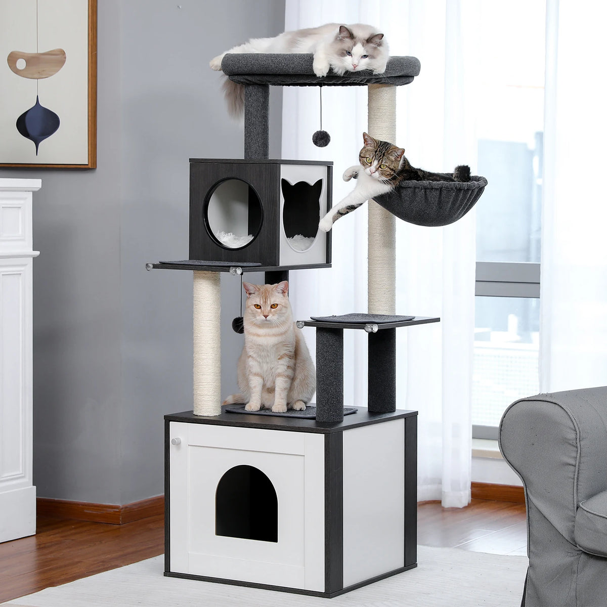 🐱 Multi-Level Wooden Cat Tree with Scratching Posts, Spacious Condo, Hammock & Top Perch