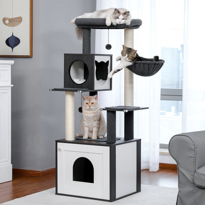 🐱 Multi-Level Wooden Cat Tree with Scratching Posts, Spacious Condo, Hammock & Top Perch