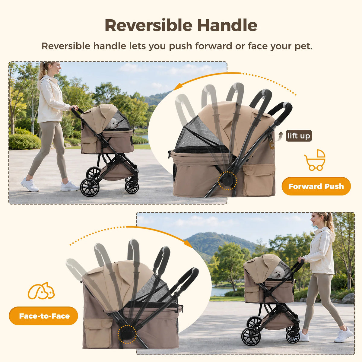 🐾 Foldable Pet Stroller for Small & Medium Dogs and Cats – Reversible Handle, Storage Basket & Safety Tether
