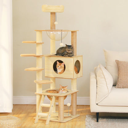 🐱 Multi-Level Wooden Cat Tree with Scratching Posts, Spacious Condo, Hammock & Top Perch