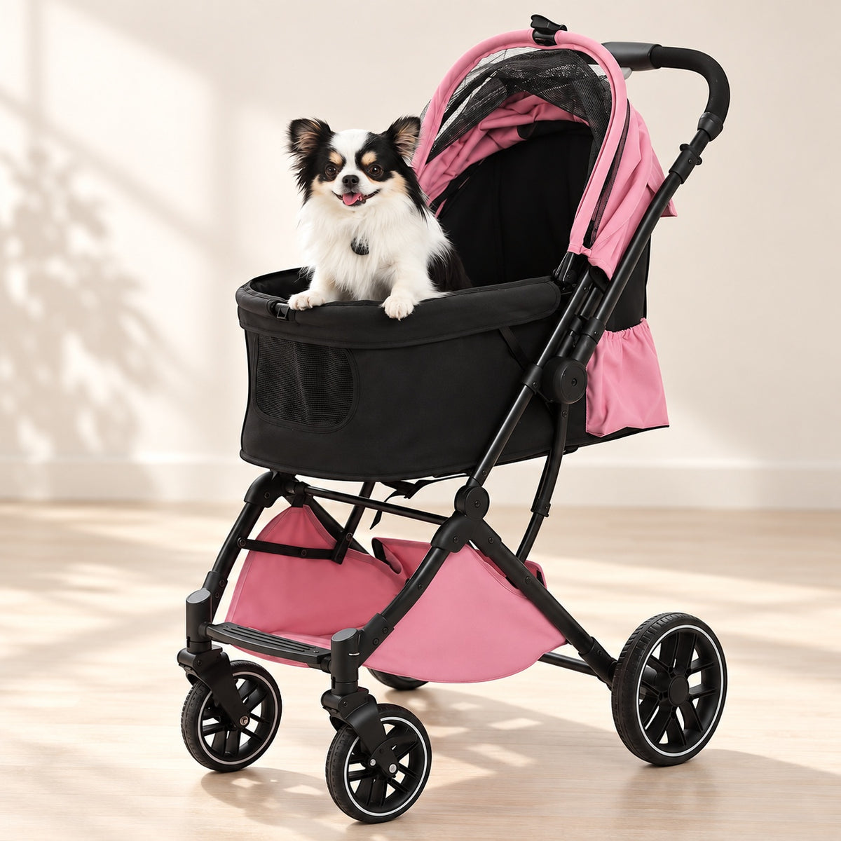 🐾 Foldable Pet Stroller for Small & Medium Dogs and Cats – Reversible Handle, Storage Basket & Safety Tether