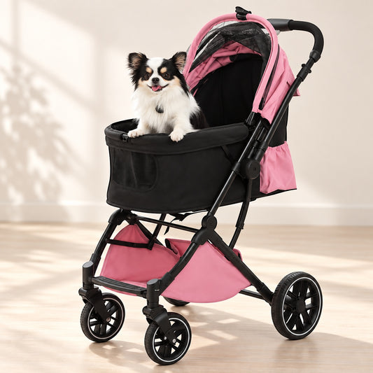 🐾 Foldable Pet Stroller for Small & Medium Dogs and Cats – Reversible Handle, Storage Basket & Safety Tether